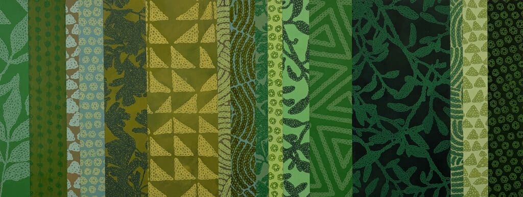 2026-MG-T-Anthropocene-panel-7-fv2-crop-1024x387 Close-up of painted vertical bands in shades of green, where repeating botanical and geometric patterns create a layered rhythm inspired by leaves, vines and woven forms.