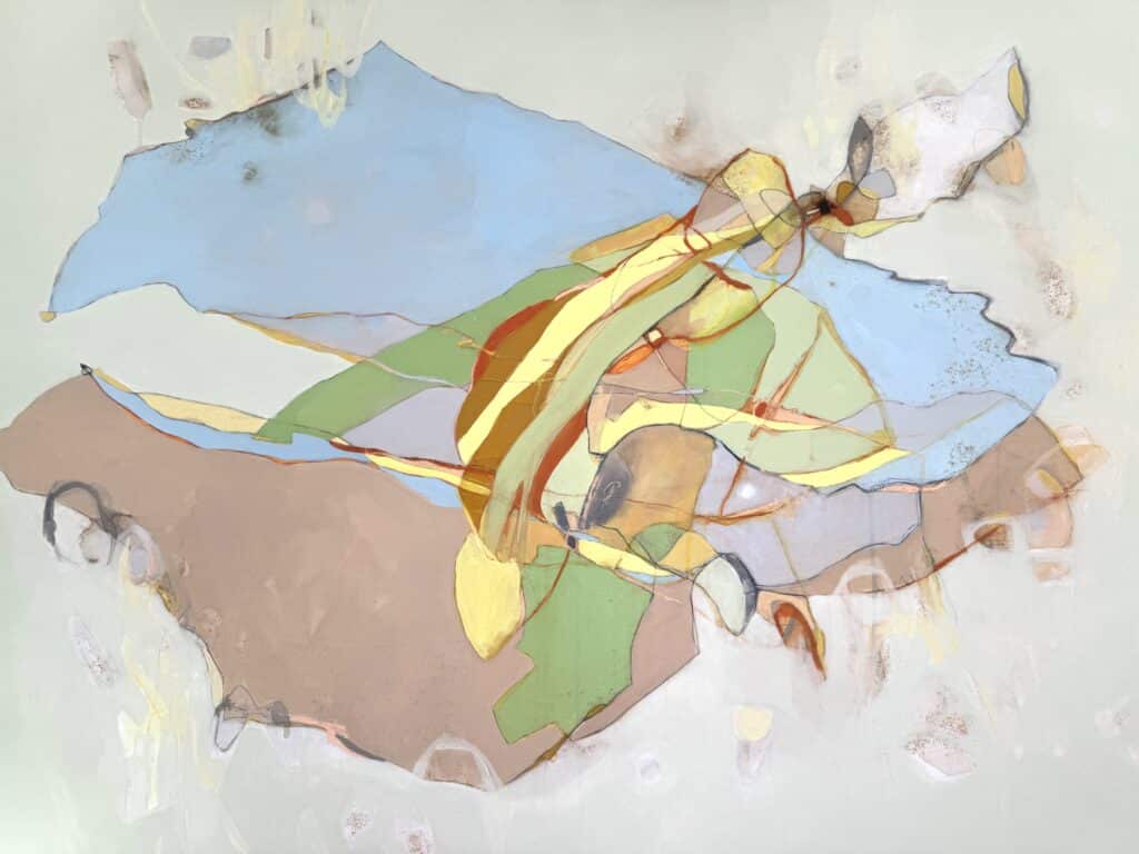 Flight_Paths_VII_36x48_mixedmediaonboard_SaraWiensArt--1024x768 Abstract painting of soft blue, green and ochre forms woven together with fine lines, suggesting a landscape carried by wind, water and changing light.